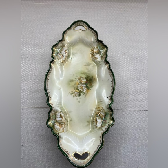 R S Prussia Handled Christmas Celery Serving Dish - Dogwood & White Lilies - Picture 2 of 8